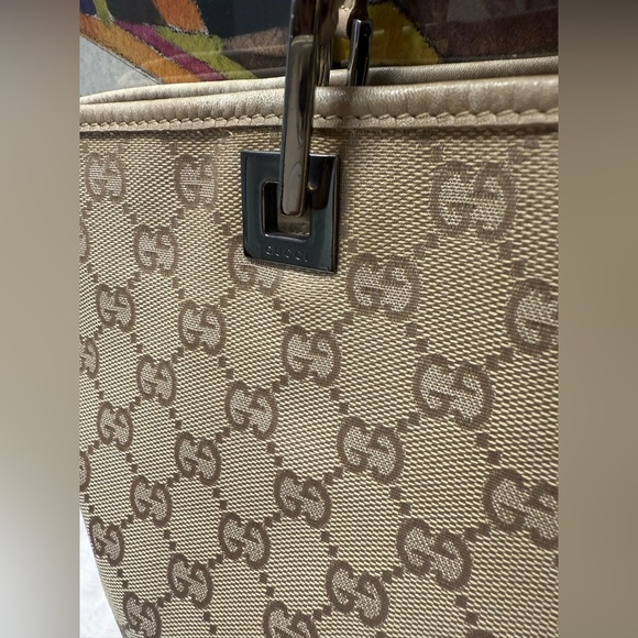GUCCI-31243 2123 Tan Canvas Tote Beige Leather Strap - Picture 6 of 12